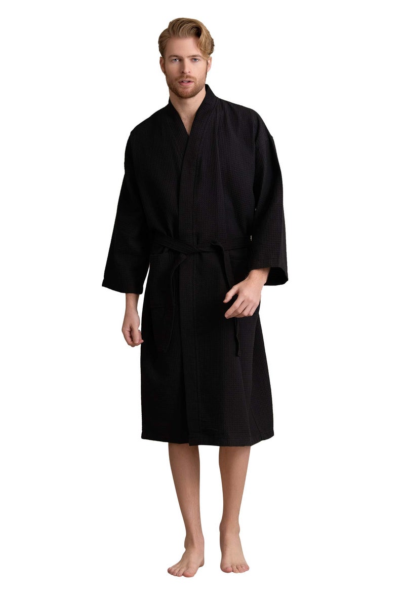 Soft Touch Linen Men's Cotton Waffle Bathrobe, Luxurious & Lightweight, Comfortable & Absorbent, Softness, Fast Dry, Adjustable wrap belt, Front 2 Pockets, Cozy Wear(Black-Medium) - Image 1